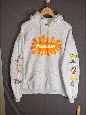 Nickelodeon Cartoon Hoodie XL Gray Splat Logo 90s Characters Sweatshirt